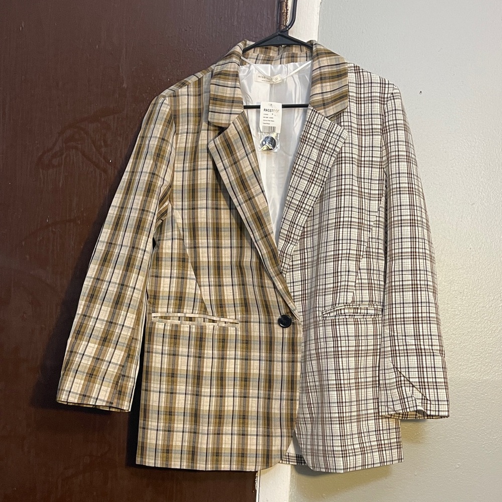 Plaid Two-Tone Single-Button Blazer - Beige/Brown